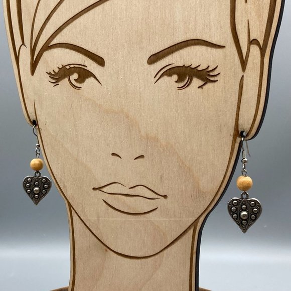 Vintage Boho Heart Drop Earrings, Wooden Bead and Brutalist Heart Dangle - Picture 5 of 6